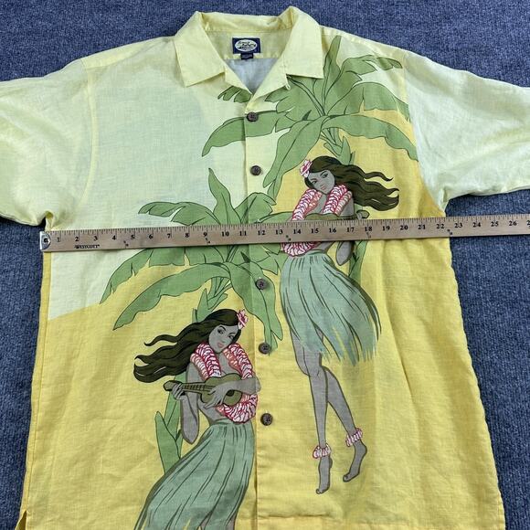 Tommy Bahama Shirt Mens Large Yellow 100% Linen Hawaiian Hula Ukulele Aloha - Picture 10 of 12